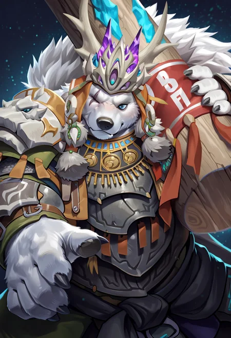 (safe for work, no naughty stuff, rating_safe), solo, masterpiece, best quality, absurdres, newest, furry male, polar bear, mature male, detailed eyes, 5 fingers

Crushfang, blue eyes, one eye closed, scar across left eye, short hair, white fur, armor, night background, chubby