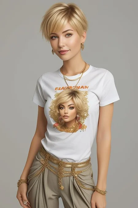 masterpiece,best quality,ultra_detailed, bellissima, 1girl , smile, haircut style pixie, blonde hair, high heel boots, jewelry, pants, short hair, simple background, t-shirt, very short hair, westwood style 1girl
