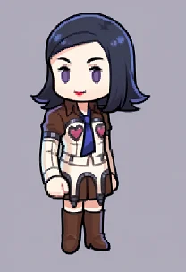 score_9, score_8_up, score_7_up, source_anime BREAK 1girl, solo,
<lora:Feh-Sprites-pdxl_Fp:1> simple background, chibi, full body
<lora:zs_MayaXL:1> mayap2, medium hair, black hair, purple eyes, lipstick, jacket, hearts, blue necktie, skirt, knee boots, smile