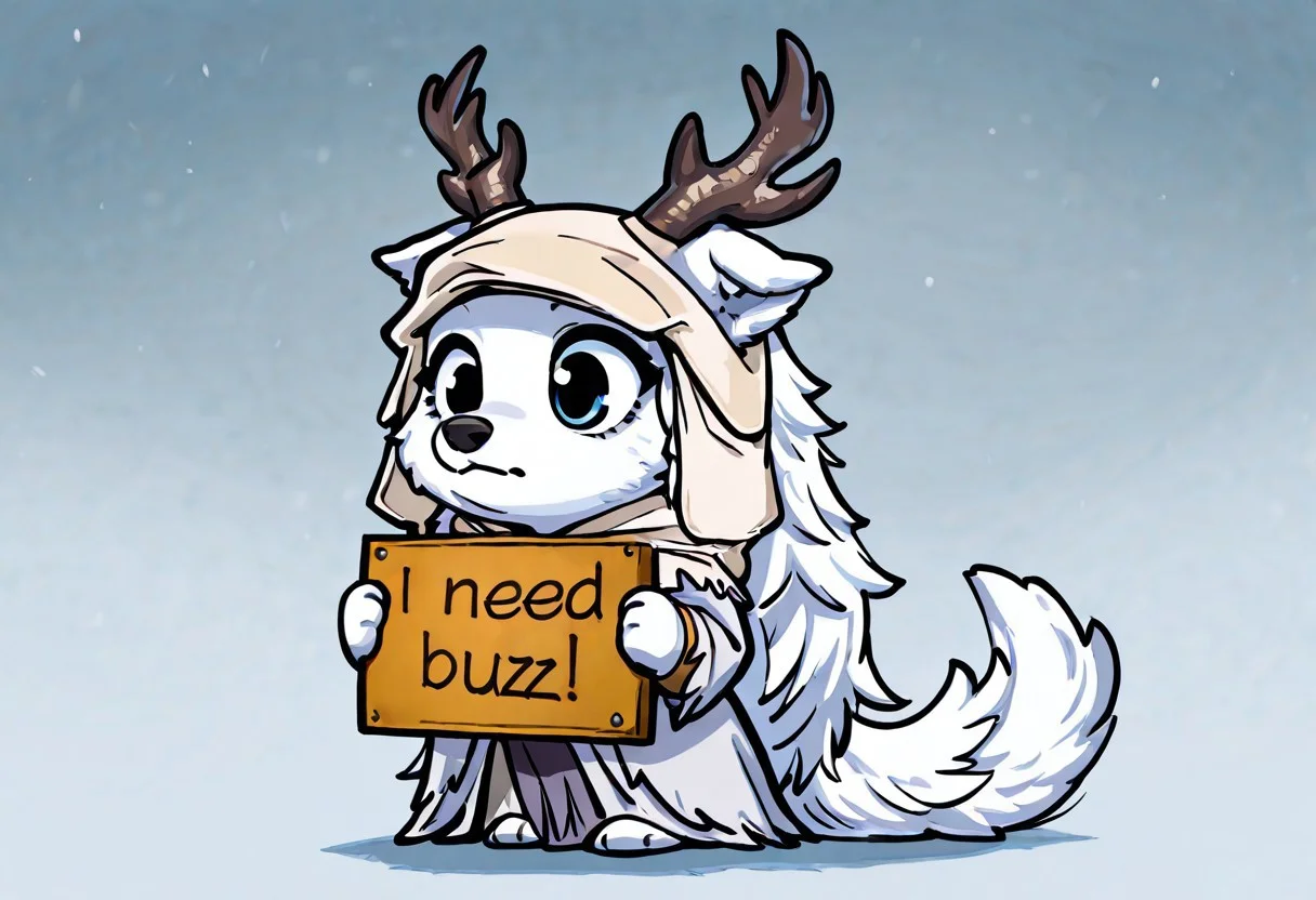 masterpiece,best quality,amazing quality,very aesthetic,high resolution,ultra-detailed,absurdres,newest,detailed fur, furry,1girl, vicar amelia, bloodborne, antlers, dog, long white fur, cute, chibi, need_buzz, holding sign that reads "I need buzz!"