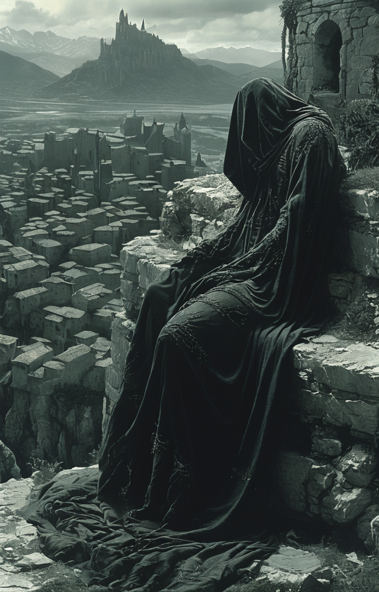 masterpiece,best quality,<lora:tbh155-sdxl:1>,illustration,style of Guido Argentini, Nazgul over sleeping town
