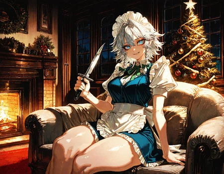 1girl, izayoi_sakuya, apron, blue_eyes ,breasts ,collared_shirt ,cowboy_shot ,curvy, dress, frilled_apron, frilled_dress, frills ,green_ribbon ,grey_dress , maid ,maid_headdress ,medium_breasts ,neck_ribbon ,puffy_short_sleeves, puffy_sleeves, ribbon ,shirt ,short_dress, short_sleeves ,smile ,solo, thick_thighs, thighs, ,waist_apron ,white_apron ,white_shirt, window, holding ,holding_knife, knife ,looking_at_viewer, from_behind , relaxing ,sitting,
chrlib, scenery, indoors, living room, night, oven, christmas tree, christmas ornaments, red carpet,
, Fishine,ireading ,noya_makoto ,quasarcake, retro_artstyle, retro,looking_at_viewer ,
masterpiece, best quality, amazing quality, very aesthetic, absurdres, newest, <lora:ponyv5_noobE11_1_adamW:0.6>, <lora:add-detail-xl:0.5>, <lora:cfg_scale_boost:0.5>, <lora:retro_scifi_artstyle:0.6>, <lora:USNR STYLE_XL_loha:0.6>, <lora:Christmas living room:0.6>