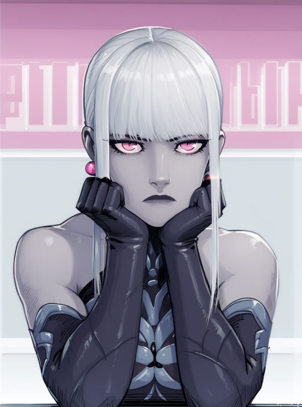 score_9 <lora:omega_f:1>
omega_f, 1girl, colored skin, gray skin, pale skin, white hair, long hair, ponytail, sidelocks, pink eyes, black bodysuit, silver trim, bare shoulders, elbow gloves, earrings, breasts
portrait, head on hand, hands on cheeks, looking at viewer, expressionless, elbow rest, head rest, hands up, fist
space background, <lora:DevilHSLycoXL:1>