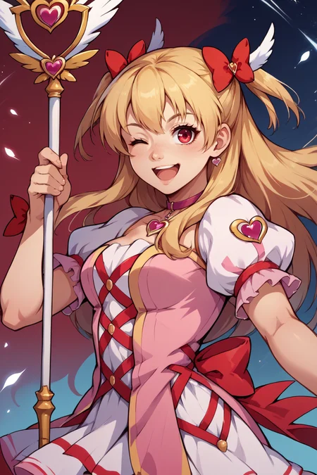 score_9, score_8_up, score_7_up, score_6_up, source_anime, BREAK 1girl  <lora:alisareinford-pdxl-nvwls-v1-000006:1> mgalisa, blonde hair, two side up, hair bow, magical girl, pink collar, pink dress, white thighhighs, profile, smile, closed mouth, night, upper body, red background, holding magic staff, looking at you, wink, happy, open mouth