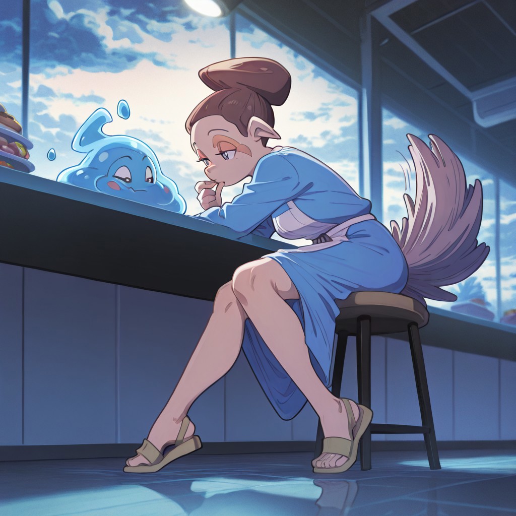 Muliebral,1girl,solo,furry,source_furry,tail,brown hair,female focus,(skinny), young,
motion_blur:1.1, depth of field, HDR, foot_on_rung, Tasting counter at a gourmet food store, Stage Lighting, ambient occlusion, dreamcore, masterpiece, ultra-detailed, motion_lines:1.1, Blue Tint Theme, sandals, absolutely eye-catching, amazing quality, ephemeral, elf, Interastral Coffee Shop Worker Uniform, slime_(creature), on_stool, absurdres, cloudy, newest, Dawn, glow, sitting, very aesthetic, resting a katana point on the ground, best quality