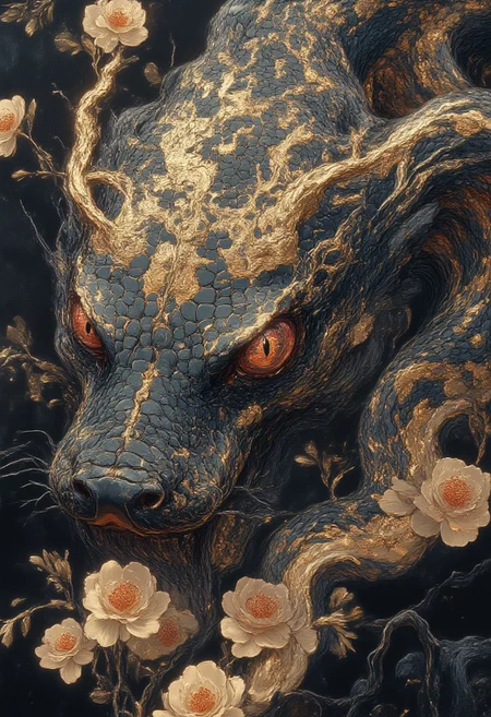 in a river, crawling Black Snake,,embedded with golden embroidery runes snake of the heavens, Showing it is indeed year of snake