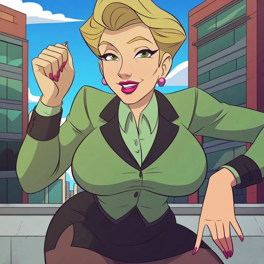 (masterpiece), best quality, expressive eyes, amazing quality, solo, 1girl, blonde hair, short hair, lipstick, mature female, Dress suit, Black skirt, Green shirt, city, outside,
