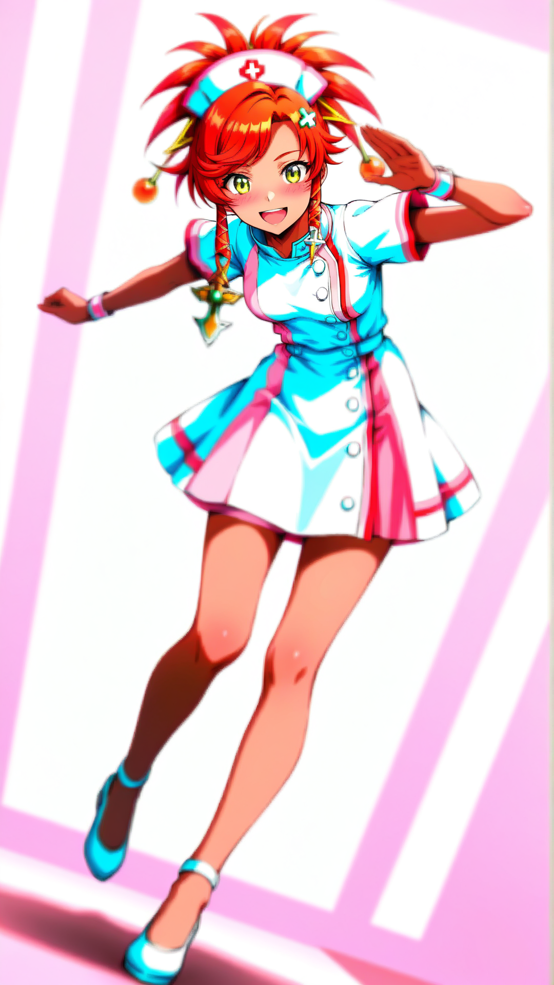 source_anime, general, best quality, masterpiece, 1girl,  <lora:Ogniana_ill_v1.0:1> ogniana,dark skin, red hair,headdress, hair ornament, nurse, dynamic pose, dutch angle, embarrassed, (happy:0.8),  full body,