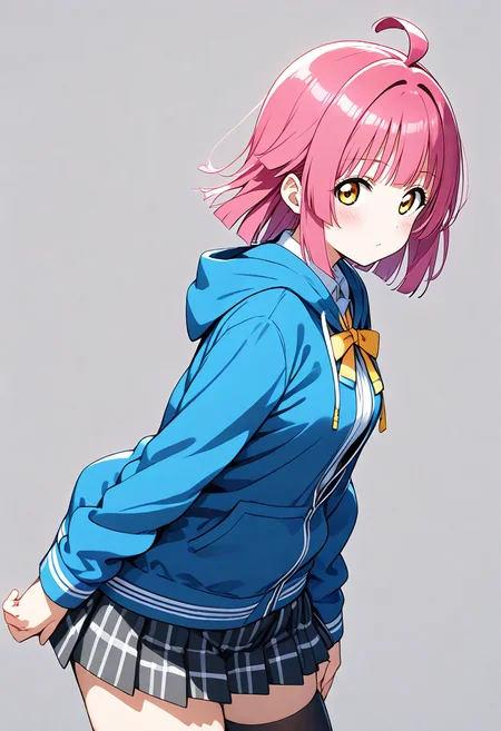 score_9, score_8_up, score_7_up, source_anime,BREAK
1girl,
<lora:Hyper-SDXL-8steps-lora:1>
<lora:SDXL_rina_pony721:0.9>
<lora:age_slider_v4:0.5>rina,tennouji rina,love live! nijigasaki high school idol club,pink hair, short hair,
expressionless, solo,
hooded jacket, blue jacket,black thighhighs, zettai ryouiki, nijigasaki academy school uniform, shirt, school uniform, white shirt, bow, long sleeves, bowtie, ribbon, plaid, blush, yellow bow, plaid skirt, pleated skirt, thighs, collared shirt, yellow ribbon, standing, blue hoodie, hoodie, grey skirt, neck ribbon, miniskirt, breasts, cowboy shot,
simple background, grey background,