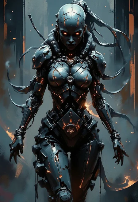 silhouette art, a robotic cyberpunk female warrior, titanium and chrome, robot wires and circuitry, robot joints, glowing lights, silhouetted, chiascuro, red glowing eyes, abstract dark cyberpunk background