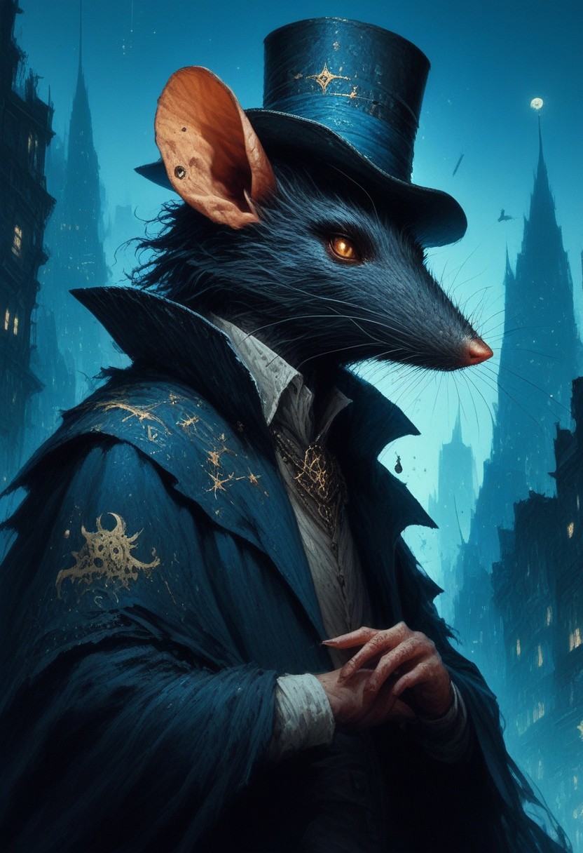 BREAK score_9, score_8_up, score_7_up,  night time, city, ominous, rat, top hat, cloak, smug
(masterpiece, best quality, ultra detailed, intricate details:1.2), (detailed face:1.1), (rat folk:1.5) <lora:RPGRatFolkXL:1>
