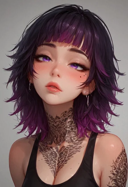 (score_9, score_8_up, score_7_up), <lora:wolf_cut:1.5>, a close-up shot focusing on a girl collarbone and up, (((portrait shot, face focus))), solo, 1girl, wolfCut, (bangs), (two-toned hair), black and purple hair, small perky breasts, cleavage, pretty face, blush, purple eyes, ((mole under left eye)), lot of piercings, (modern tattoos),((tattoo on chest)),pale skin, makeup, sports bra, vivid colours, Expressiveh, (white background)