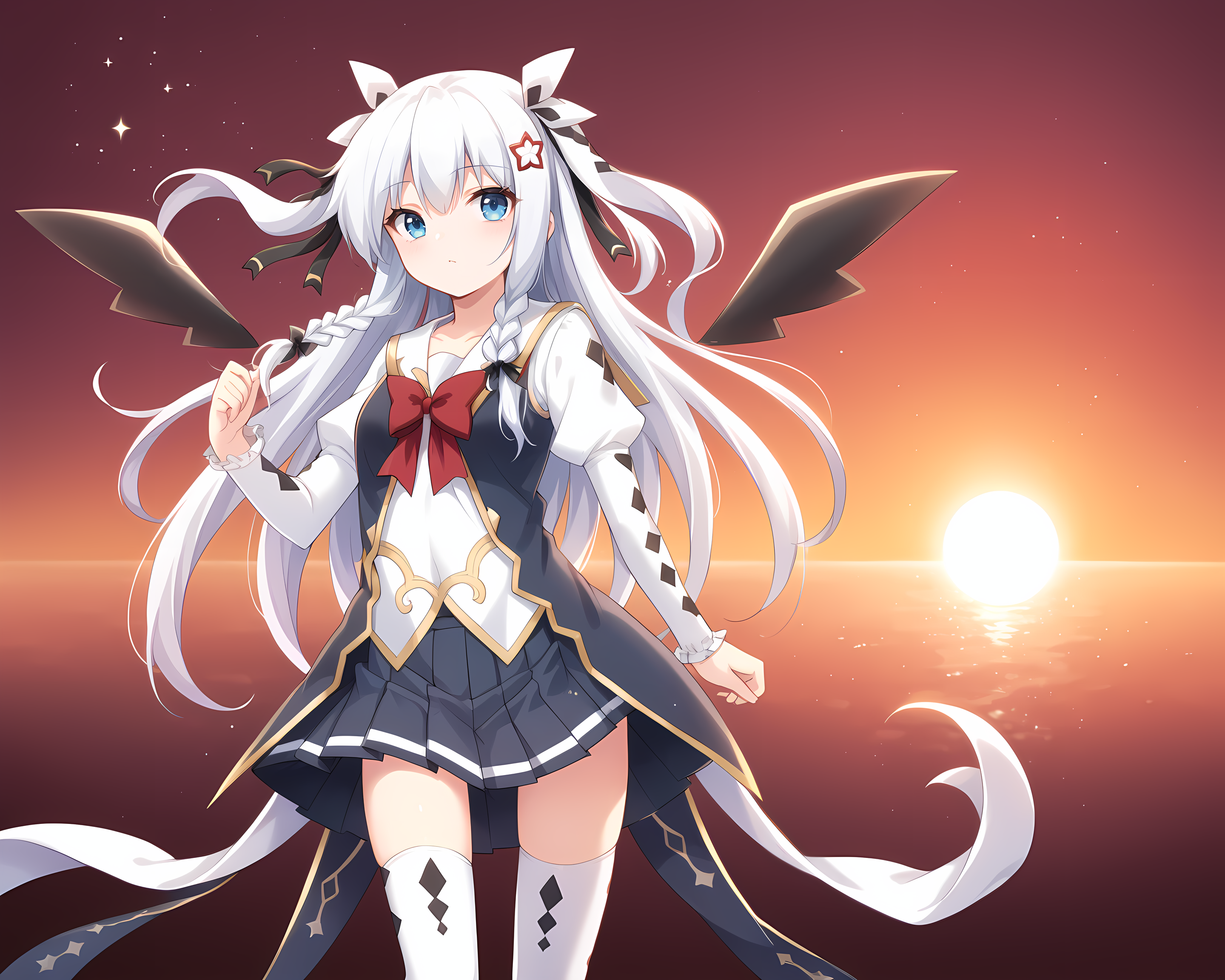 school uniform,1girl,sonya,long hair,braid,white hair,thighhighs,star,(symbol),ribbon,wings,star hair ornament,simple background,sunset,<lora:Sonya_-_Sankai_Ou_no_Yubiwa_-_ã¨ã¦ã·ã¥ãªã¼_çæµ·çã®åç°_-_Eushully:0.9>,, score_9, score_8_up, score_7_up,source_anime,(masterpiece),(best quality),(ultra-detailed),(best illustration),(best shadow),(absurdres),(detailed background),(very aesthetic),source_anime