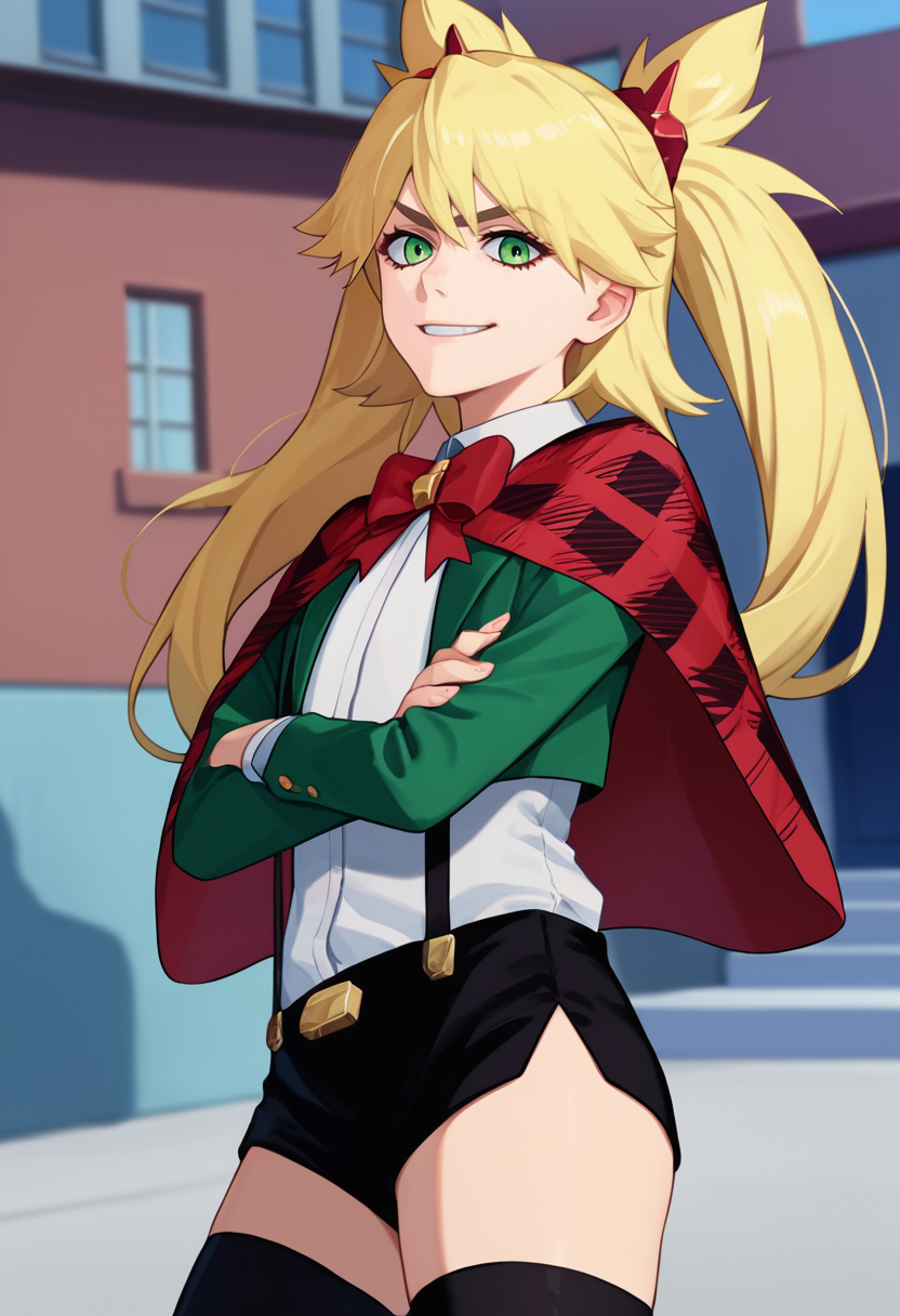 score_9, score_8_up, score_7_up, source_anime, solo, 1girl, ninny spangcole, smirk, looking at viewer, standing, crossed arms, twintails, hair ornament, red capelet, plaid, green jacket, open jacket, long sleeves, white shirt, collared shirt, red bowtie, suspenders, black shorts, short shorts, black thighhighs, outdoors, london <lora:burnthewitch_spangcole_ponyXL:1>