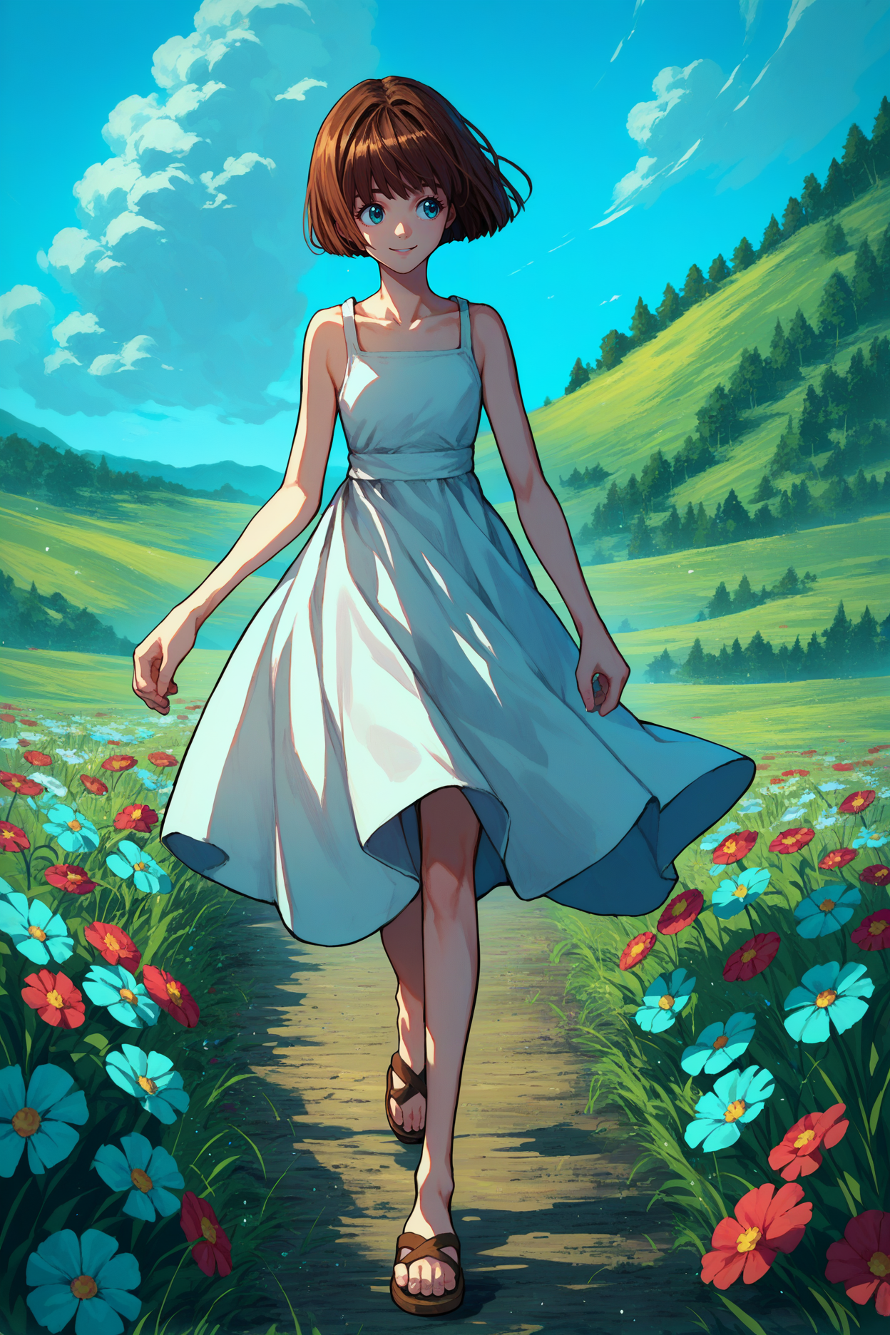 score_9, score_8_up, score_7_up, score_6_up, source_anime, 1girl, solo, <lora:minatsukisaya-pdxl-nvwls-v1-000004:1> s4ya, brown hair, bob cut, blue eyes, white sundress, sandals, field, bloom, flowers, walking, happy