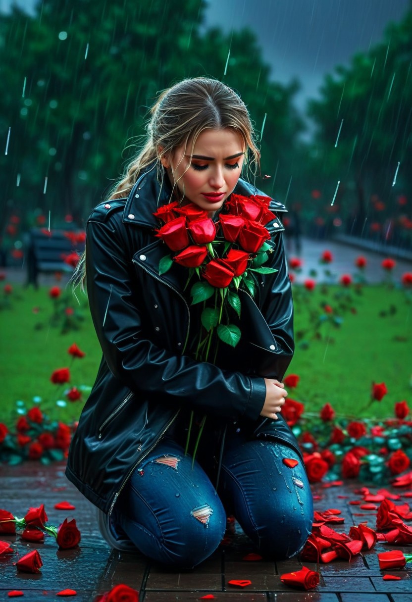 broken Valentine's heart character crying, love scene, most of red roses, most details, raining weather, blitz lighting at park, 32k, UHD, HDR
