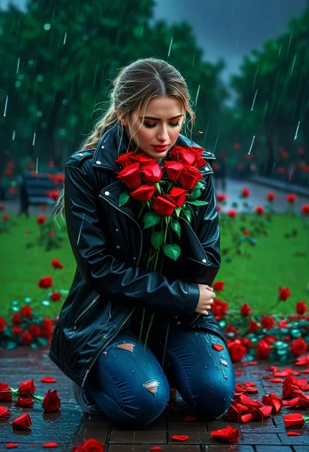broken Valentine's heart character crying, love scene, most of red roses, most details, raining weather, blitz lighting at park, 32k, UHD, HDR