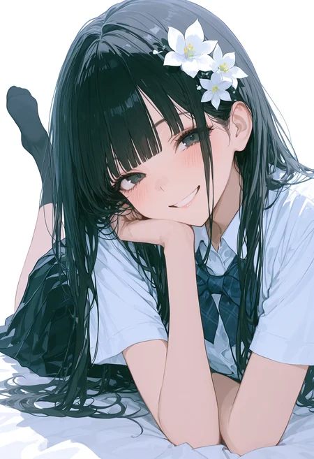 1girl, solo, long hair, skirt, hair ornament, hair flower, smile, flower, lying, on stomach, black hair, socks, bangs, white shirt, shirt, black eyes, black socks, white background, black skirt, short sleeves, grin, school uniform, head rest, no shoes, pleated skirt, bow, looking at viewer, white flower, simple background, collared shirt, blunt bangs, blush,masterpiece, best quality, very aesthetic, 7481llu, usnr, high score, great score, absurdres, <segment:yolo-AnzhcFace-seg_640_v3_y11n.pt-1,0.4,1//cid=11>,<segment:yolo-PitHandDetailer-v1b-seg.pt,0.4,0.5//cid=12>