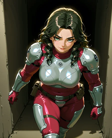 PonyScores7, source_anime, ah1, <lora:natsumi_style:0.5>, <lora:by_usakun-pony:0.4> by usakun, <lora:Akina_Bbw_Style_-_PonyXL:0.2> AkinBw
BREAK 1girl, (curly hair), long hair, (black hair:1.3), mature female, (parted hair:1.7), (round face:1.2), (thick eyebrows:1.5), (curvy), round-chin, (greenish hazel eyes), caucasian, (downturned eyes:1.4), (plump face), messy hair, <lora:Round_face:0.1>, <lora:ETO_OCPonyXL:0.5> eto_oc, skindentation, (plump), thick thighs, wide hips, busty, voluptuous, kinky curls, lips, <lora:venus body PonyXL:0.4>, (A seductive look with a faint, suggestive smile and a raised eyebrow, smile), (making a last stand), (tunnel), looking at viewer, (Purple and Orange <lora:Terraformars:0.4> terraformarsmoviebodysuit, armored bodysuit, boobplate, shoulder pads, wrist guards, gloves, utility belt, belt pouch, hip armor, crotch plate, thigh armor, knee pads, shin guards, armored shoes)
BREAK <lora:xl_more_art-full_v1:0.2>, <lora:shinyskin2:0.2> glistening skin, <lora:aesthetic_anime_v1s:0.2>, <lora:Expressive_H:0.2> Expressiveh, <lora:hairdetailpxl:0.2> hairdetailpxl, <lora:EpicF4nta5yXL:0.2>, <lora:detailxl:0.2> detailxl, <lora:Fant5yP0ny:0.2>, best quality, amazing quality, best aesthetic, absurdres, <lora:expressive eyes:0.2> expressive eyes, <lora:eyedetailpxl:0.2> eyedetailpxl, illustration, Volumetric_Lighting, ultra-detailed, very aesthetic, intricate details, 8k, masterpiece, best_quality
BREAK (Handheld Shot)
BREAK <lora:Eyes_High_Definition:0.3> EyesHD, Stable_Yogis_PDXL_Positives, AS-Adult, <lora:Complicated fantasy portrait - XL Pony V2.0:0.4>, bad-hands-5