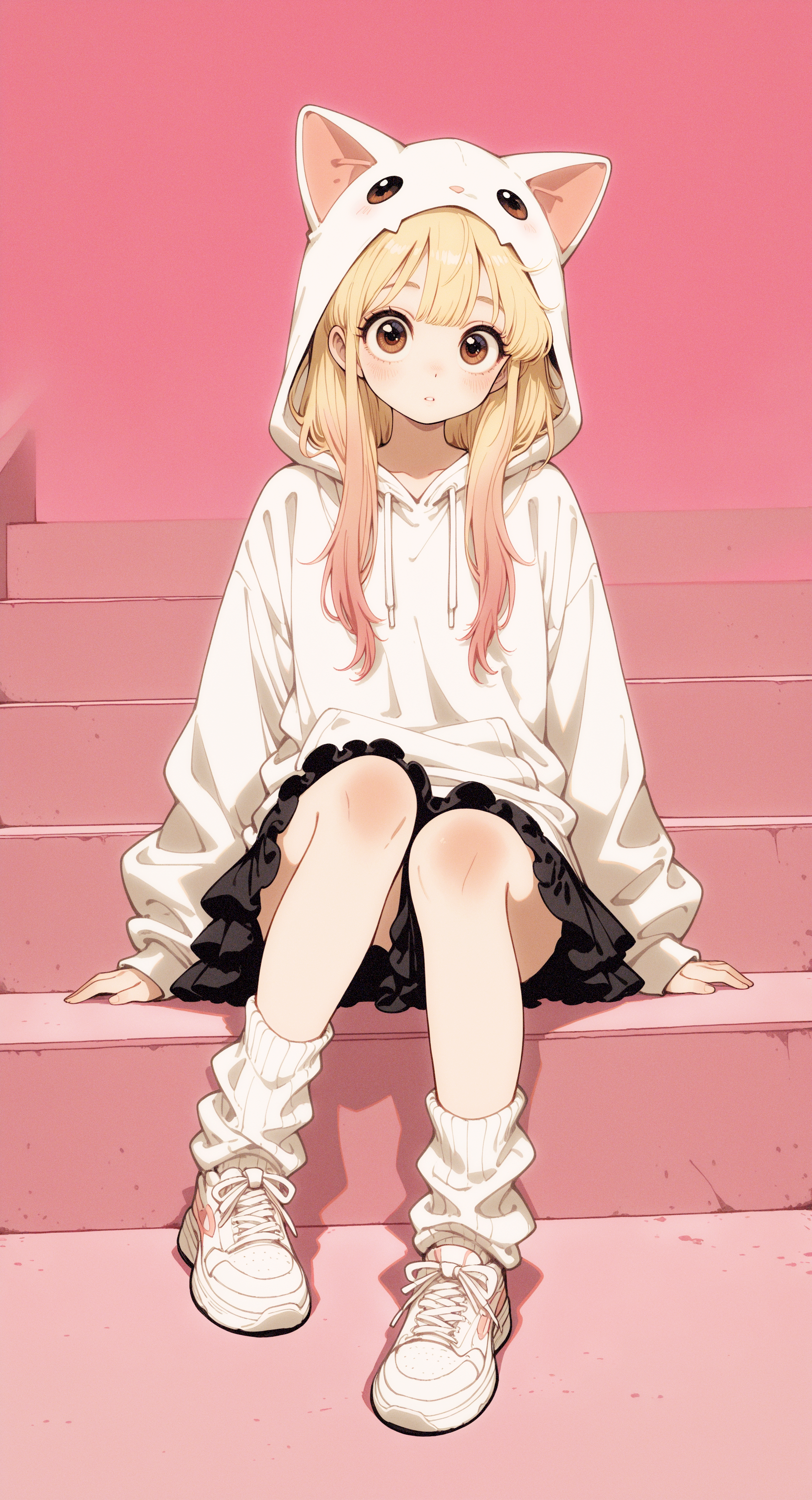 masterpiece, best quality, good quality, very awa, very aesthetic, absurdres, newest, 1girl, solo, long hair, blonde hair, brown eyes, pink hair, gradient hair, multicolored hair, big eyes, skirt, long sleeves, frills, shoes, socks, hood, black skirt, fake animal ears, hoodie, white socks, white footwear, frilled skirt, sneakers, hood up, animal hood, white hoodie, loose socks, cat hood, looking at viewer, blush, sitting, parted lips, Sitting on the steps,
full body,
pink background, vfaix,retro_artstyle, retro <lora:illustriousXL_stabilizer_v1.23:0.3> <lora:NOOB_vp1_detailer_by_volnovik_v1:0.3> <lora:ponyv6_noobE11_2_adamW-000017:0.3> <lora:HB_091:0.4> <lora:retro_scifi_artstyle_illustriousXL-000021:0.5> <lora:veluflora-wai:0.75>