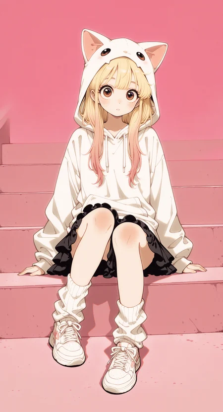 masterpiece, best quality, good quality, very awa, very aesthetic, absurdres, newest, 1girl, solo, long hair, blonde hair, brown eyes, pink hair, gradient hair, multicolored hair, big eyes, skirt, long sleeves, frills, shoes, socks, hood, black skirt, fake animal ears, hoodie, white socks, white footwear, frilled skirt, sneakers, hood up, animal hood, white hoodie, loose socks, cat hood, looking at viewer, blush, sitting, parted lips, Sitting on the steps,
full body,
pink background, vfaix,retro_artstyle, retro <lora:illustriousXL_stabilizer_v1.23:0.3> <lora:NOOB_vp1_detailer_by_volnovik_v1:0.3> <lora:ponyv6_noobE11_2_adamW-000017:0.3> <lora:HB_091:0.4> <lora:retro_scifi_artstyle_illustriousXL-000021:0.5> <lora:veluflora-wai:0.75>