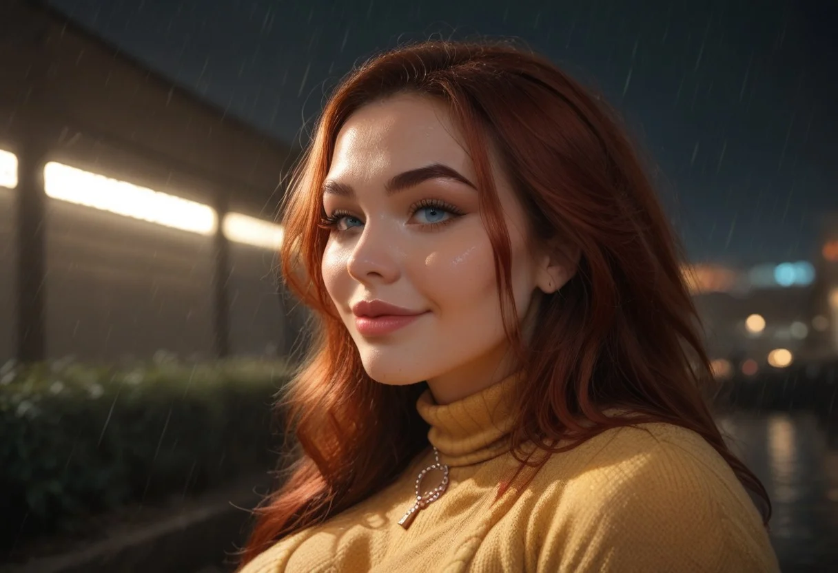 score_9, score_8_up, score_7_up, score_6_up, score_5_up, score_4_up, photorealistic, fantasy, nature, highly detailed; High-Res, High Quality, good composition, masterpiece, perfect anatomy, highly detailed face, crisp image, clear image, perfect face;
BREAK;
(masterpiece:1.2), (best quality,:1.2), ambient lighting, atmospheric effects;
BREAK
(1girl, pale white skinny 18 year old redhead , black and red hair, clothed, autumn yellow sweater dress, sweater wool dress, tight warm black winter tights, deep cleavage, very big juicy ass and wide hips, thick thighs, very very big natural milky jiggly breasts. curvy milf body, wavy black and red hair, pawg, fat ass, huge ass, cleavage, massive tits, huge breasts, detailed face, heavy breasts, blue eyes),
BREAK,
rainy autumn day, rainy city, standing on the rain, posing for photo, eyes closed, back turned, view from behind, ass support, ass grab, relaxed, soft smile, puffing lips, bubble butt, ass focus; extreme ass close-up;
BREAK,
photorealistic, 8k uhd natural lighting, raw, rich, intricate details, key visual, atmospheric lighting, 35mm photograph, film, bokeh, professional, 4k, cinematic, colorful background, 8k, dramatic lighting, highly detailed, hyper realistic, intricate, intricate sharp details;
Detailed natural skin and blemishes, real life photo, raw, Hyperrealism, realism, realistic, real life, detailed; 
extreme close-up, (close-up);