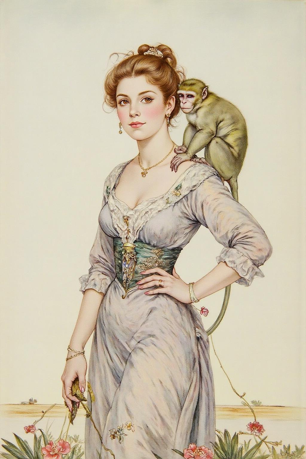 detmo1d watercolor painting.
an elegant young woman from early 20th century.  There is a small monkey sitting on her shoulder. <lora:detmold1_cap_d6a3e13:1.0><lora:831781586077967773:0>