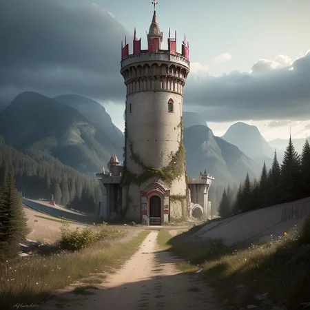 realistic analog photo, award winning photo, vary wide shot of (authoritarian) Cement witow (Military watchtower), fortified, building, scenery, dirt path, (on a hilltop), nature, outdoors, RAW, highres, 8k, uhd, High Dynamic Range, tonemapping, crisp details,