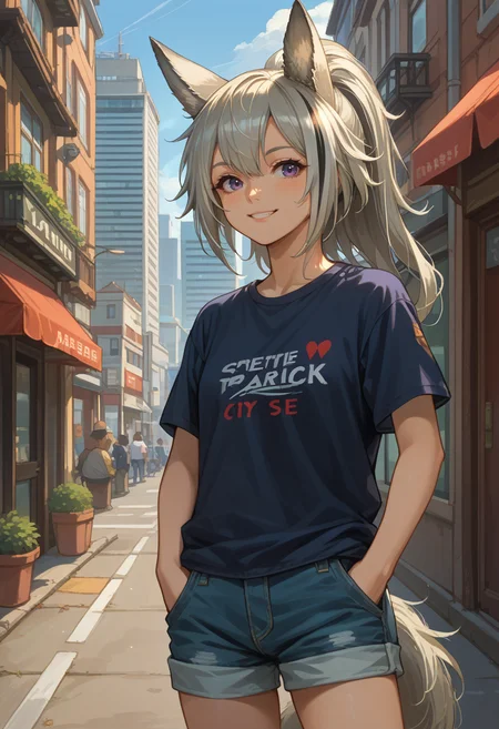 score_9, score_8_up, source_anime, 1girl, solo, GraniArk, animal ears, long hair, high ponytail, streaked hair, tail, t-shirt, denim shorts, standing, outdoors, city, hands in pockets, smile, <lora:ChamGraniArknightsPonyXL:1>