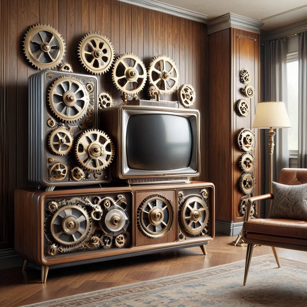 g3ars, vintage television, in a retro living room, wood-panel walls, industrial design, geometric shapes, ornamental details, made out of gears, elegant, classic, straight and curved lines, antique, collectible, home decor, old-fashioned, decorative, historical, vintage electronics, brass and silver accents, stylish, sophisticated <lora:Gears_World_Morph:1>