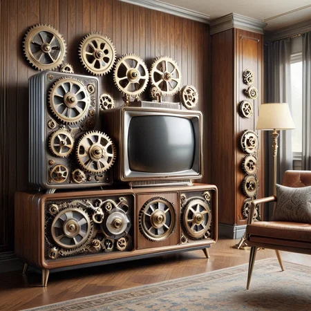 g3ars, vintage television, in a retro living room, wood-panel walls, industrial design, geometric shapes, ornamental details, made out of gears, elegant, classic, straight and curved lines, antique, collectible, home decor, old-fashioned, decorative, historical, vintage electronics, brass and silver accents, stylish, sophisticated <lora:Gears_World_Morph:1>
