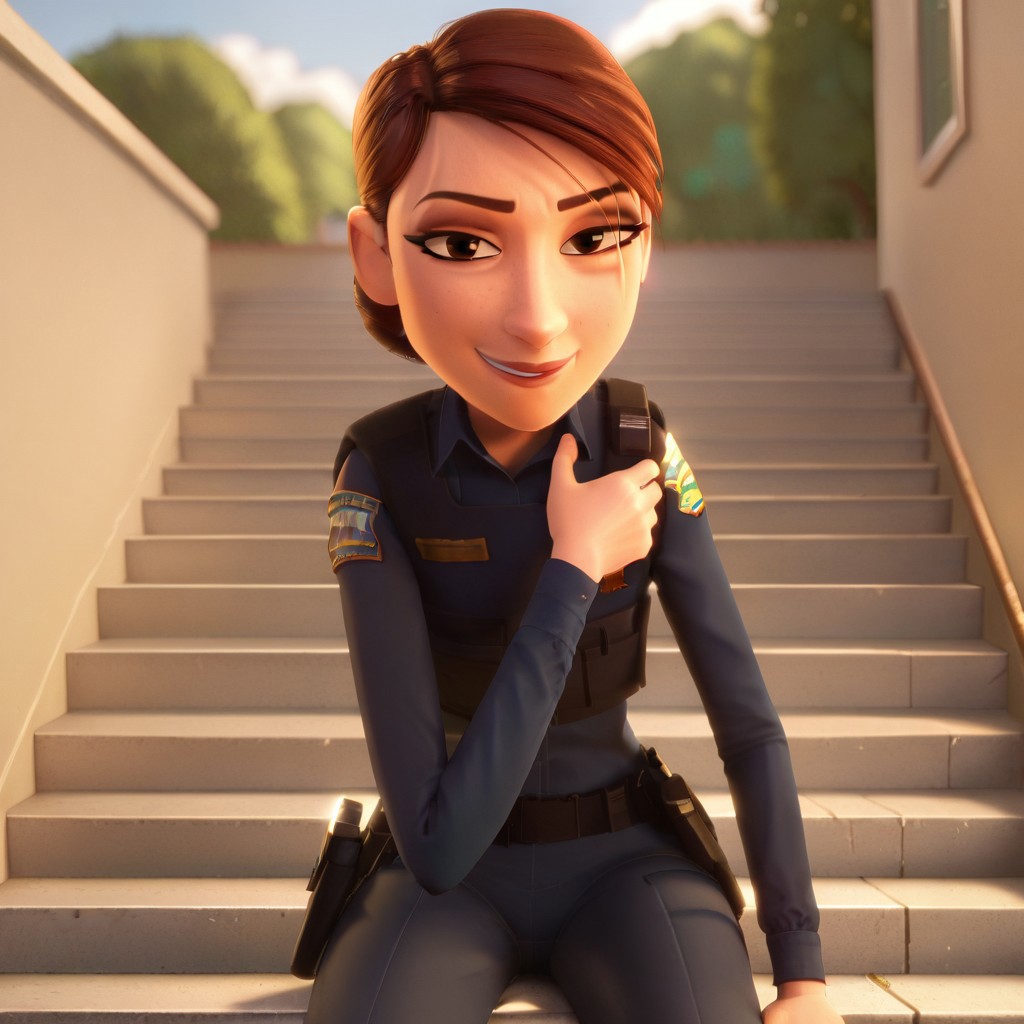 best quality, masterpiece, break, wendy_sid, brown hair, short hair, hair bun, police uniform, sitting, stairs, outdoors, smirk, looking at viewer