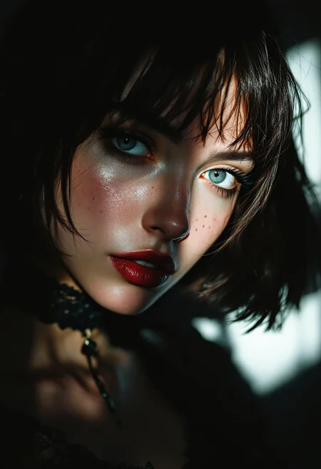 Photorealistic portrait of a young woman with a delicate, angular face featuring soft freckles across her nose and cheeks. She has a short, choppy light chestnut brown bob haircut with uneven bangs that frame her expressive, slightly downturned blue eyes. Her pale skin is accentuated by the contrast of light hitting one side of her face, leaving the other in shadow. lace choker,cleaveage, corset,seductive,sultry, seductive, blending gothic elegance with a soft, vulnerable expression. The background is silhouetted, creating a dramatic and mysterious atmosphere