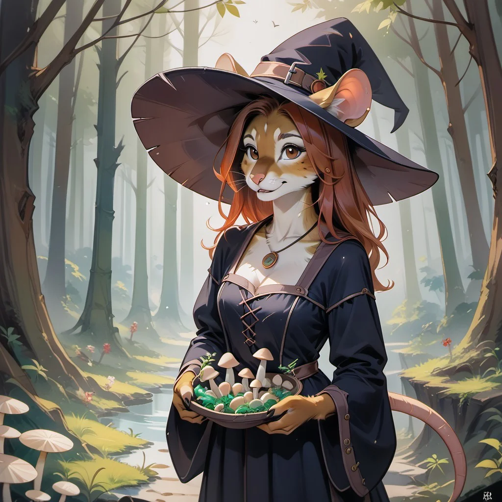 score_9, score_8_up, score_8, 1girl, solo, score_7_up, high quality, best quality, light, detail, sharpness, cinematic,
<lora:add-detail-xl:1>,
best hands, ((Furry female)),
An anthropomorphic fluffy mouse girl with smooth, solid peach-colored fur, mouse ears. Cherry-colored hair, long, wavy. Brown eyes. One long, thin tail.
witch, sorceress, witch outfit, witch hat, necklace, clearing, forest, mushrooms, herbs