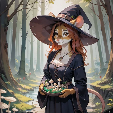 score_9, score_8_up, score_8, 1girl, solo, score_7_up, high quality, best quality, light, detail, sharpness, cinematic,
<lora:add-detail-xl:1>,
 best hands,  ((Furry female)),
An anthropomorphic fluffy mouse girl with smooth, solid peach-colored fur, mouse ears. Cherry-colored hair, long, wavy. Brown eyes.  One long, thin tail. 
witch, sorceress, witch outfit, witch hat, necklace, clearing, forest, mushrooms, herbs