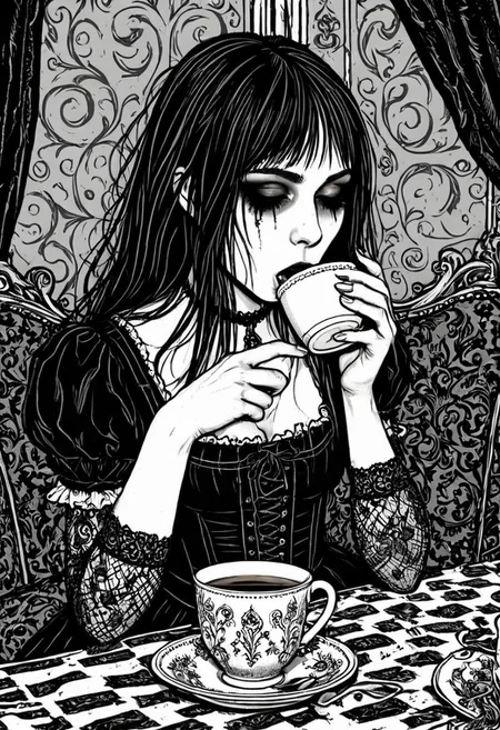 gothic, digital illustration, flat colors, line art, black and white, Mentally unstable Alice Lidell drinking tea, disturbed, sad, sexy,