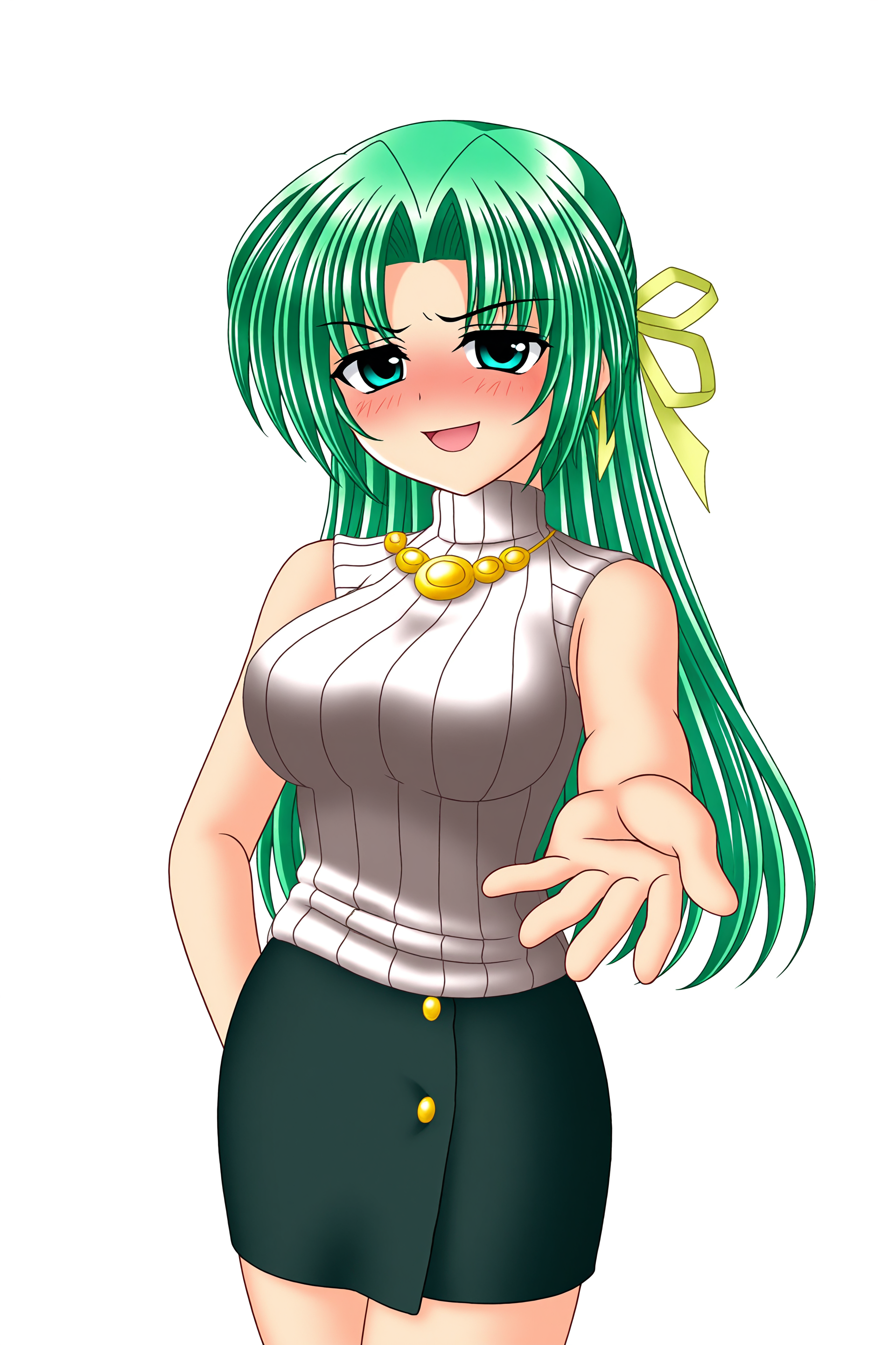 higurashiog, 1girl, solo, long hair, breasts, looking at viewer, blush, smile, open mouth, blue eyes, large breasts, skirt, ribbon, jewelry, green eyes, hair ribbon, :d, green hair, sleeveless, sweater, hand on own hip, turtleneck, transparent background, half updo, pencil skirt, ribbed sweater, outstretched hand, sleeveless turtleneck, sleeveless sweater, naughty face, sonozaki shion, 
(masterpiece, best quality, absurdres, highres), very awa, 