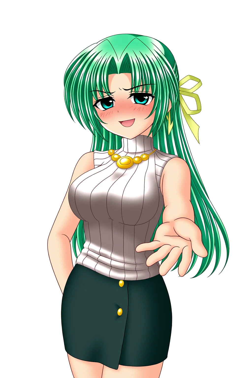 higurashiog, 1girl, solo, long hair, breasts, looking at viewer, blush, smile, open mouth, blue eyes, large breasts, skirt, ribbon, jewelry, green eyes, hair ribbon, :d, green hair, sleeveless, sweater, hand on own hip, turtleneck, transparent background, half updo, pencil skirt, ribbed sweater, outstretched hand, sleeveless turtleneck, sleeveless sweater, naughty face, sonozaki shion,
(masterpiece, best quality, absurdres, highres), very awa,