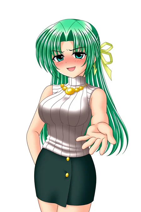 higurashiog, 1girl, solo, long hair, breasts, looking at viewer, blush, smile, open mouth, blue eyes, large breasts, skirt, ribbon, jewelry, green eyes, hair ribbon, :d, green hair, sleeveless, sweater, hand on own hip, turtleneck, transparent background, half updo, pencil skirt, ribbed sweater, outstretched hand, sleeveless turtleneck, sleeveless sweater, naughty face, sonozaki shion, 
(masterpiece, best quality, absurdres, highres), very awa, 