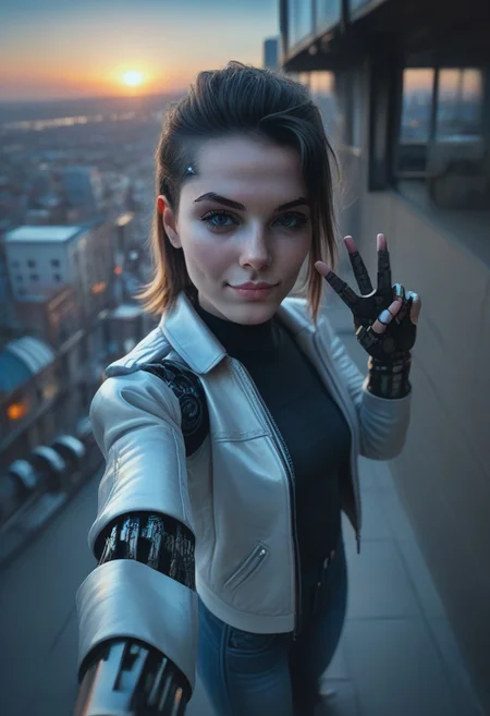 score_9_up, score_8_up, score_7_up, score_6_up detailed, city background, 1girl, 24yo, selfie, from above, (mechanical parts:1.4), sunrise, open jacket, tight jean, (v:1.2)
