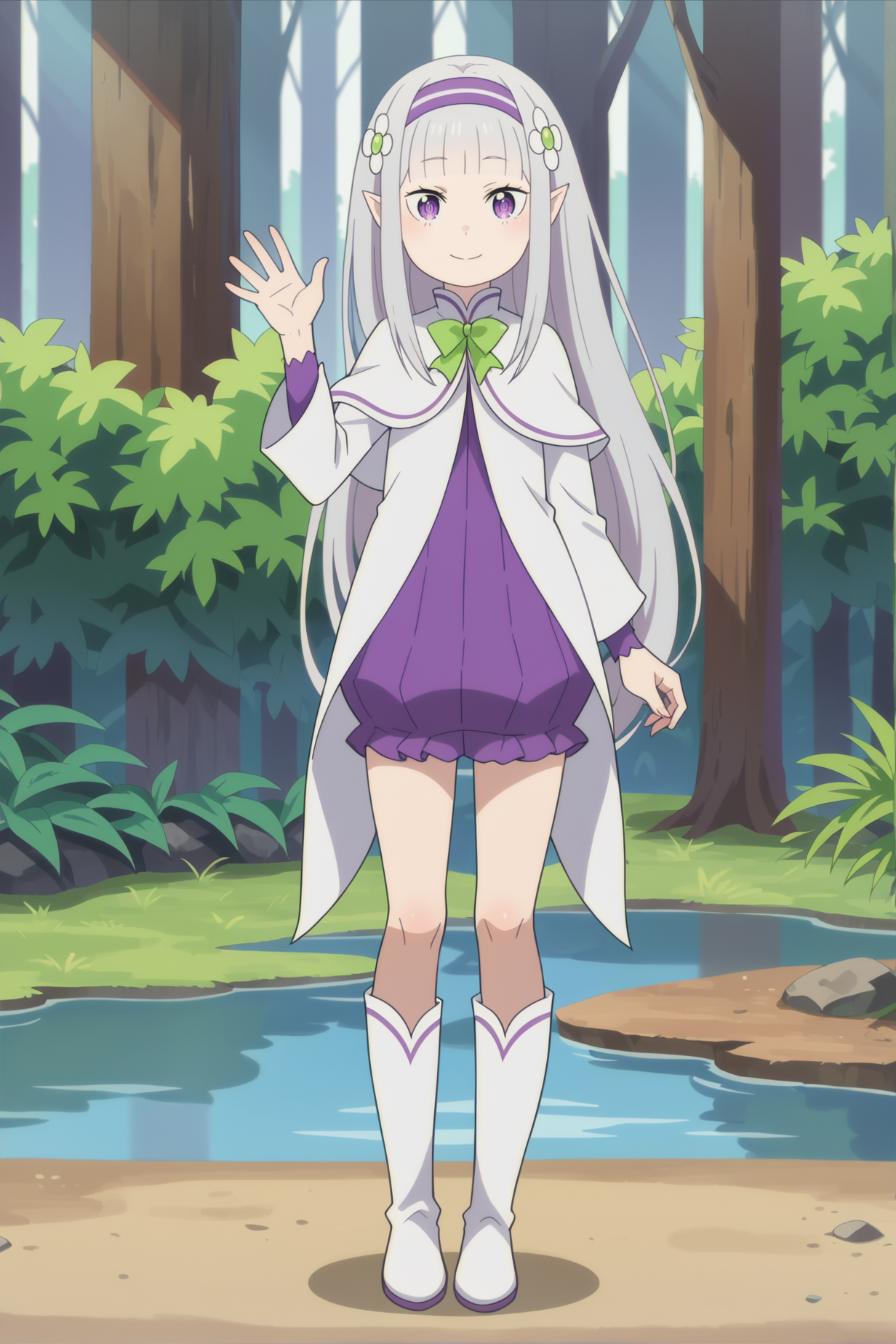 score_9, score_8_up,
<lora:LolimiliaXL-000030:1>,1girl, long hair, grey hair, hair flower, bangs, pointy ears, hairband, solo, blunt bangs, purple eyes, white capelet, long sleeves, looking at viewer, purple dress,smile, very long hair, standing,white footwear, knee boots,full body,waving, green bow,
outdoors, forest,
anime screencap, anime coloring,source_anime,