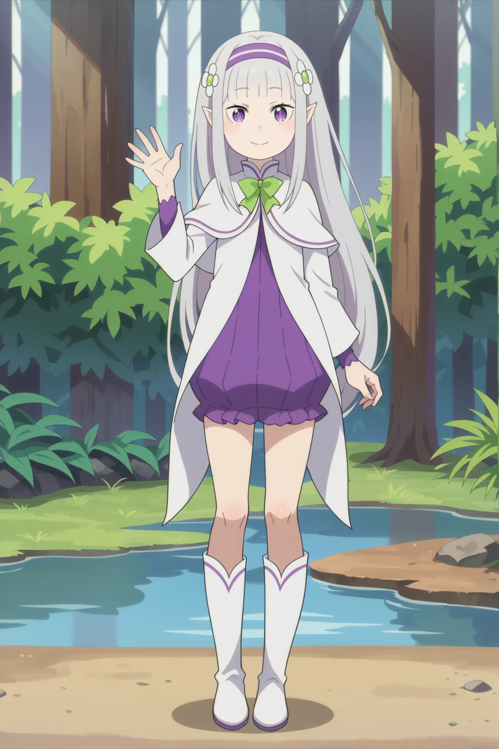 score_9, score_8_up,
<lora:LolimiliaXL-000030:1>,1girl, long hair, grey hair, hair flower, bangs, pointy ears, hairband, solo, blunt bangs, purple eyes, white capelet, long sleeves, looking at viewer, purple dress,smile, very long hair, standing,white footwear, knee boots,full body,waving, green bow,
outdoors, forest,
anime screencap, anime coloring,source_anime,