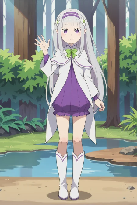 score_9, score_8_up,
<lora:LolimiliaXL-000030:1>,1girl, long hair, grey hair, hair flower, bangs, pointy ears, hairband, solo, blunt bangs, purple eyes, white capelet, long sleeves, looking at viewer, purple dress,smile, very long hair, standing,white footwear, knee boots,full body,waving, green bow,
outdoors, forest,
anime screencap, anime coloring,source_anime,