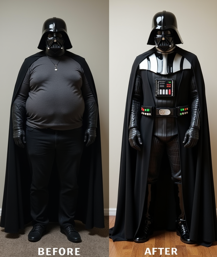 w1z_b4-4ft3r. A dramatic before-and-after comparison. The “BEFORE” image shows a fat and lonely Darth Vader. In the “AFTER” image, the same Darth Vader appears with significantly more slim body, as if he has lost a lot of weight.
