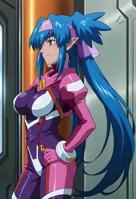 hangar, sci-fi,
BREAK,
hands on hips, from side, light smile,
cowboy shot, dynamic angle, 
BREAK,
<lora:_illustriousXL_v01:1>
klan klein, klanzen, pointy ears, dark skinned female, blue hair, green eyes, pink bandana, twintails, very long hair, hair ornament, 
bodysuit, long sleeves, pilot suit,
long legs,, source_anime, very aesthetic, anime coloring, masterpiece, 
best quality, amazing quality, ultra detailed, very aesthetic, 
detailed background, 
BREAK,