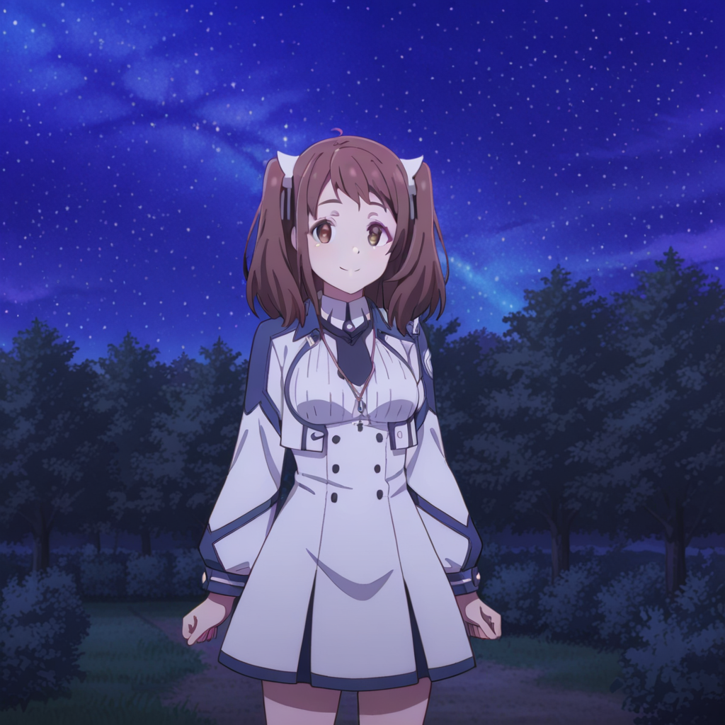 nsfw, masterpiece, best quality, amazing quality,1girl, solo, the_misfit_of_demon_king_academy_misa_ilioroagu, standing, smile, brown hair, twintails, brown eyes, school uniform, dress, outdoors, blue eyes, starry sky, night sky, looking at viewer, <lora:Misa_Ilioroagu_-_The_Misfit_of_Demon_King_Academy:0.7>