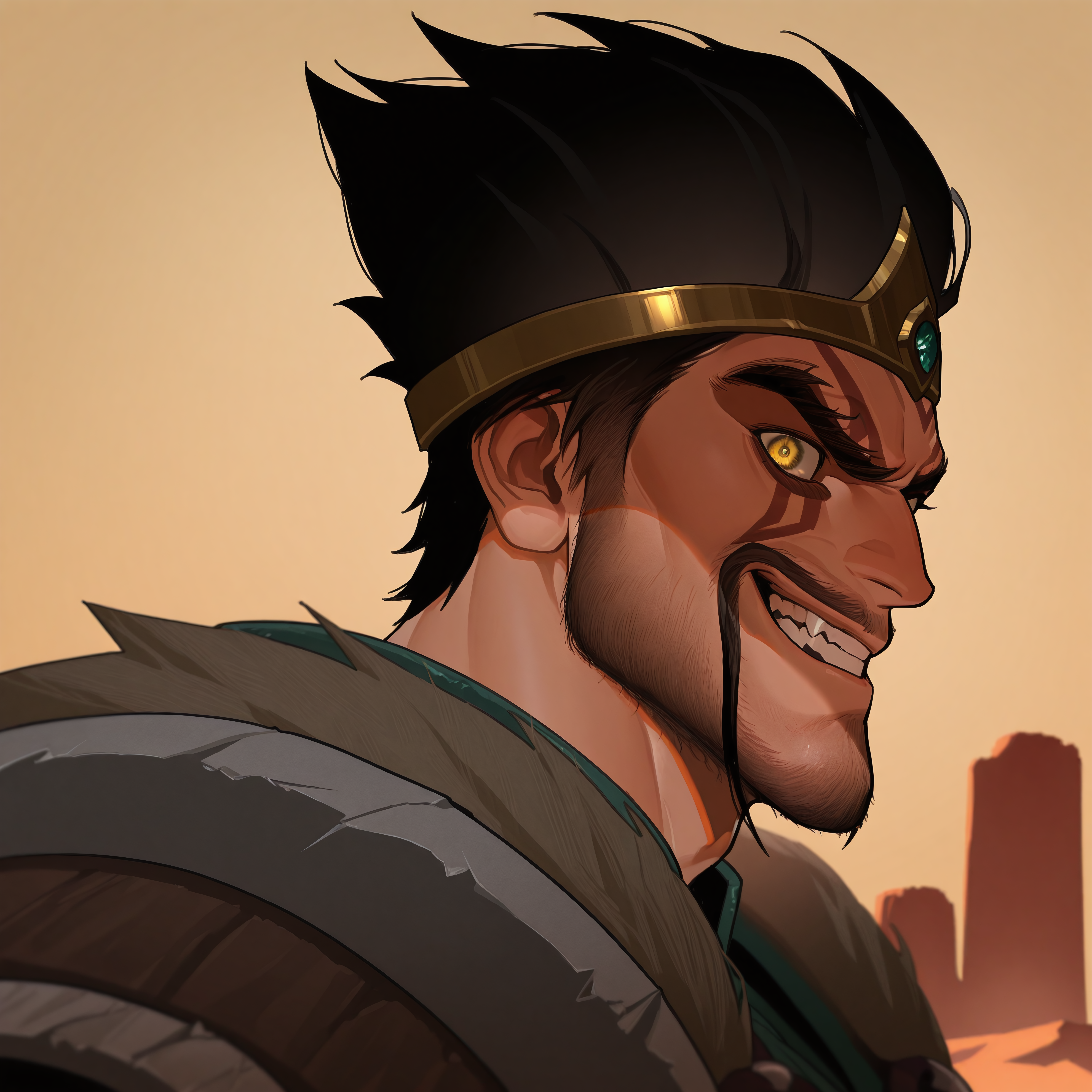 masterpiece, best quality, absurdres, newest, perfect quality, best quality, absolutely eye-catching, detailed background, intricate details, d1zd00dz, draven_LoL, bara, male, 1boy, solo, black hair, dark yellow eyes, facial hair, moustache, crown, smirk, upper body, armor, looking at viewer, shadowed face, desert plains background, side view, 