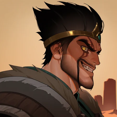 masterpiece, best quality, absurdres, newest, perfect quality, best quality, absolutely eye-catching, detailed background, intricate details, d1zd00dz, draven_LoL, bara, male, 1boy, solo, black hair, dark yellow eyes, facial hair, moustache, crown, smirk, upper body, armor, looking at viewer, shadowed face, desert plains background, side view,