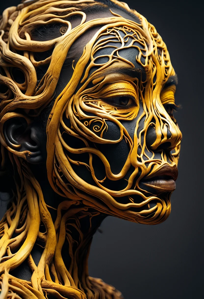 PG-TR,(film grain),ultrarealistic 4k,photoart_style,(yellow and black, vivid, minimalist, beautiful black face, golden make-up,side view profile),realistic, Wide angle lens, high contrast, dark black tone,Cinematic Lighting, movie-level texture, hand-painted details, epic, meticulous,perfect composition, dynamic play of light, rich colors, epic shot, perfectly quality, natural textures,high detail, photoshadow, (natural colors, correct white balance, color correction, dehaze),(intricate detailed)