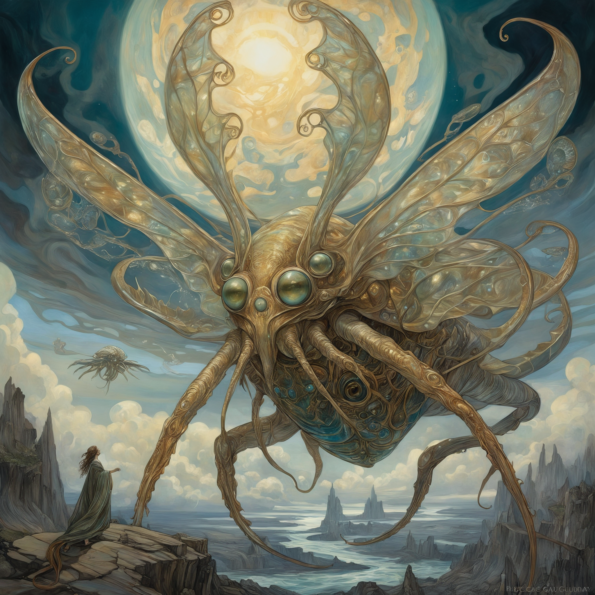 <lora:add-detail-xl:2.0>, famous artwork (by rebecca guay:1.4), detailed expressive eyes, fantasy style, (fractal art:0.44), dramatic sky, here we see the airborne gentle gumstrider, an ethereal, enigmatic (invertebrate:1.2) with enormous (iridescent:1.2), yarbled (gas bladders:1.2). it navigates the clouds in the dense atmosphere of the (tempestuous:1.4) alien planet gloomyboomer  with ethereal worbleflanked grace